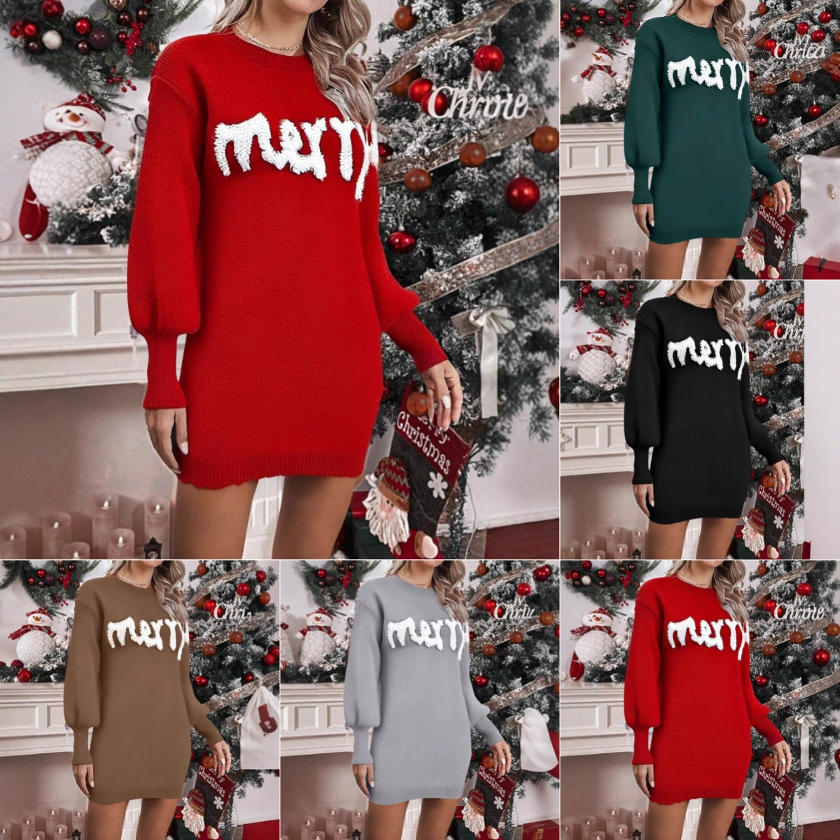 sweater party dresses Women's Christmas Knitted Round Neck Lantern Sleeve Pu – SmartShoppers Color:Metallic Copper Farbgruppe_Schwarz Tamera lace-trimmed satin slip thanks Womens Dress Casual