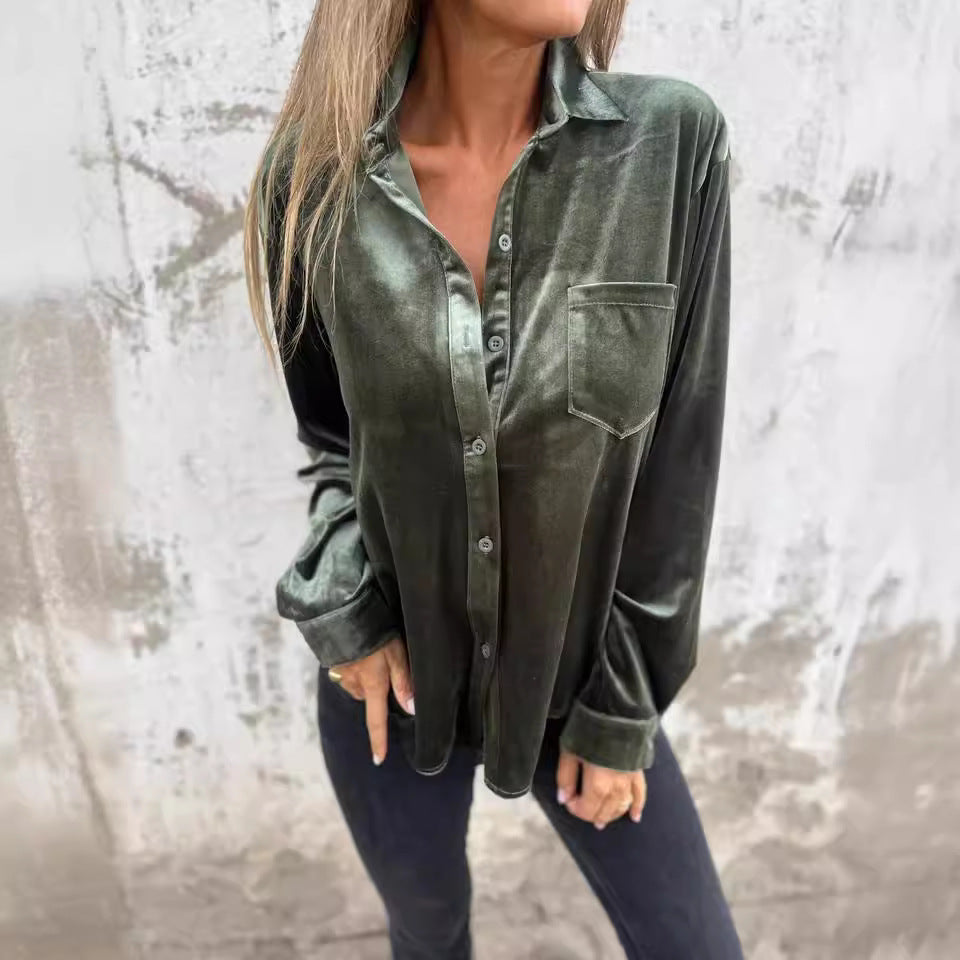 Women's Velvet Long-sleeved Single-breasted Shirt Casual Lapel Long Sleeve Solid Color Tops Daily Wear