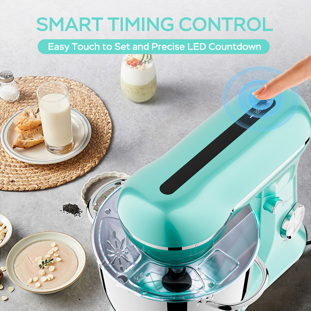 6QT & 5QT Dual Bowls Stand Mixer, 10 Speed Tilt-Head With Electronic Timer, Dough Mixer, Dishwasher Safe, Stainless Steel Bowls, Dough Hook, Flat Beater, Whisk For Baking,  Blue