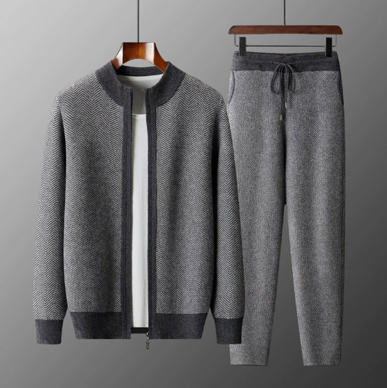 Mens Winter Pure Wool Sweater Half-Neck Zip-Up Cardigan With Thicker Outer Layer