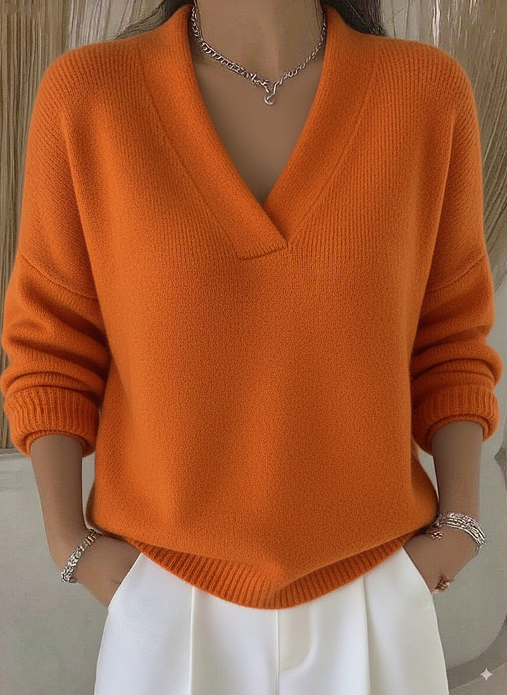 Elegant Soft V-neck Long Sleeve Women's Sweater Knitted Loose Sweater Autumn And Winter New Solid Color Casual Fashion Women's Knitted Sweater