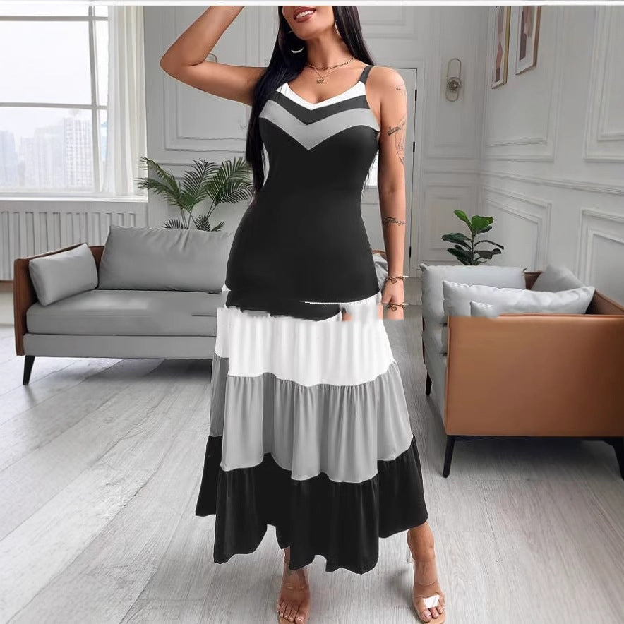 V-neck Black Panel Contrast Color Sling Dress In Stock