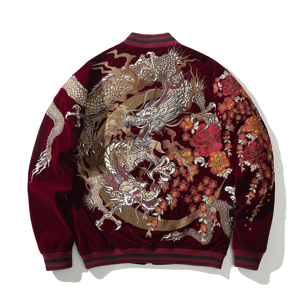 Embroidered Dragon Mens Casual Baseball Jacket With Two Dragons Playing With A Pearl Design