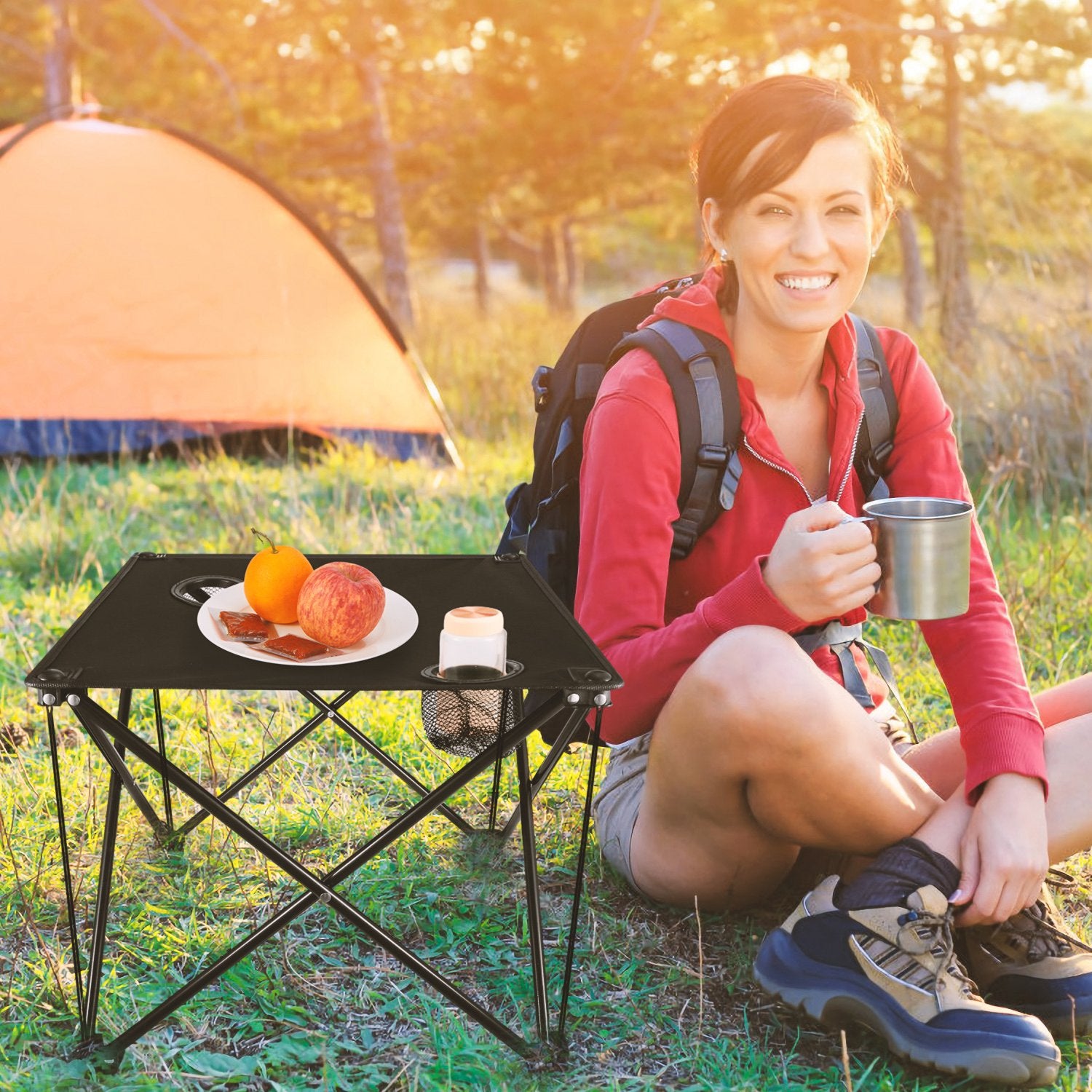1Pc Foldable Camping Table Portable Picnic Table Lightweight Travel Desk With Cup Holder Carrying Bag