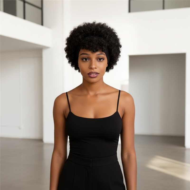 Natural Black Short Afro Kinky Curly Wig WithAttachedHeadbands Glueless Synthetic Wear And Go ForBlackWomen Fluffy Bouncy Afro Wigs