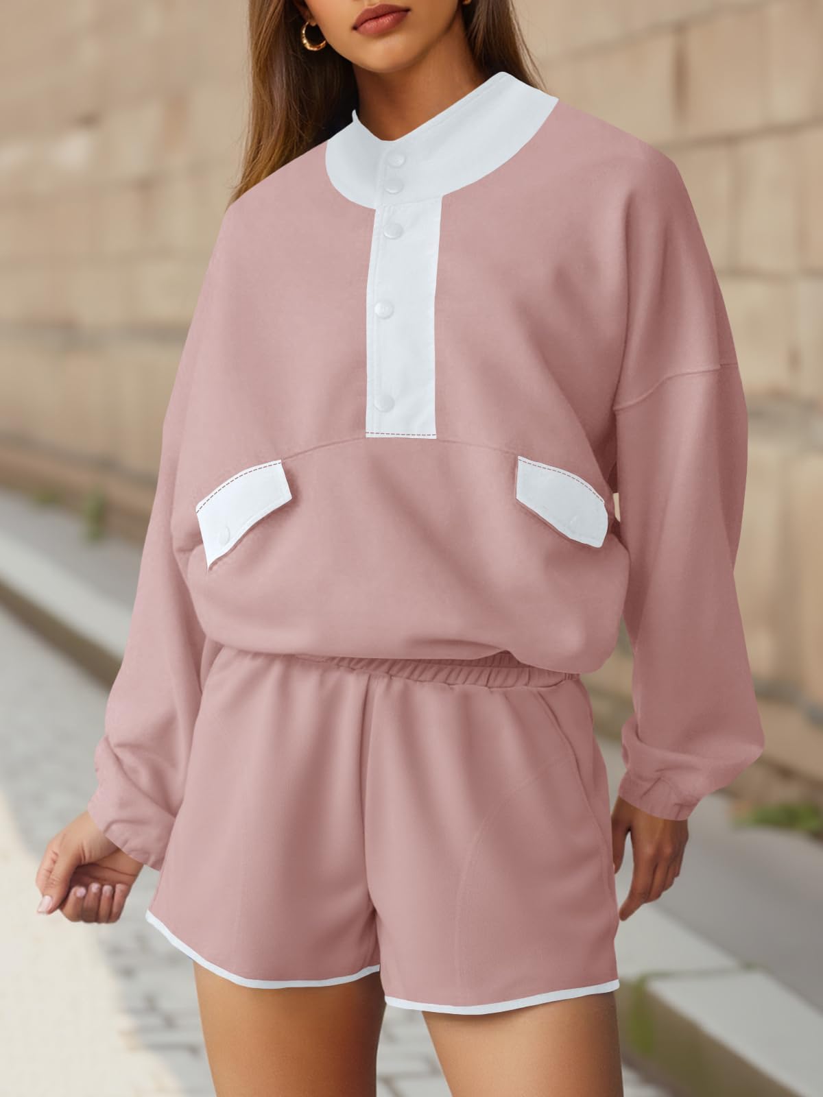 Fisoew Womens 2 Piece Sets Sweatsuits Casual Half Button Color Block Sweatshirts Running Shorts Tracksuits Fall Outfits