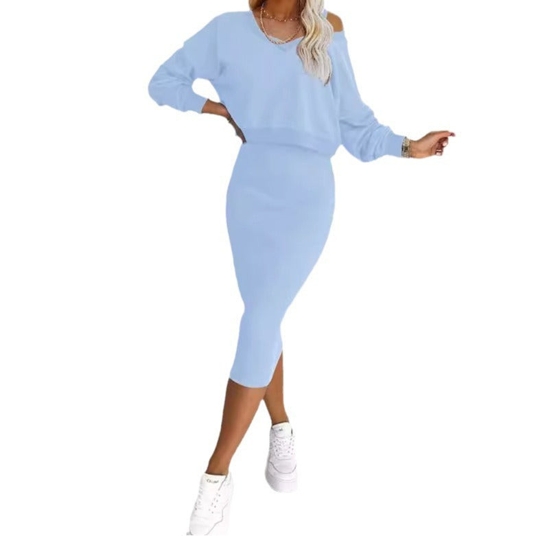 Women's Two Piece Dress Suit Fashion Long-sleeved  V-neck Pullover Sweatshirt And Sleeveless Dresses Set