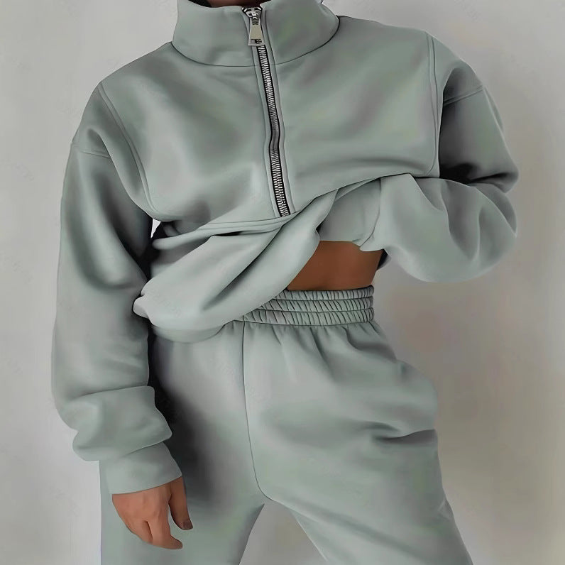 Women's Zipper Fleece Sweater Sports Fashion Casual Set