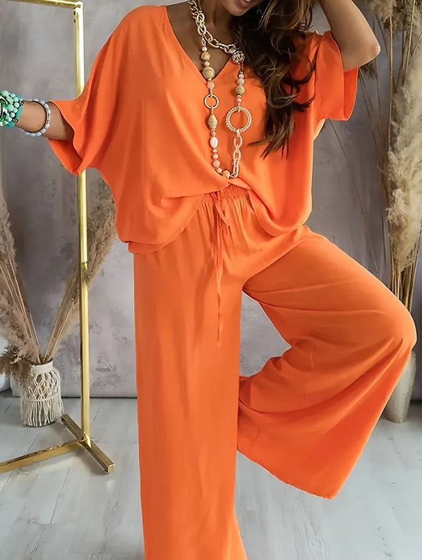 Women's 2 Piece Outfit, Casual Solid Color V-Neck Half Sleeve Top And Wide Leg Pants Lounge Set
