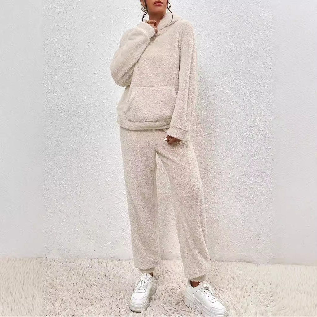 Winter Plush Pajama Set Fashion Casual Hooded Top And Elastic Band Pants Warm Sofa Carpet Home Clothes Women's Trousers Set Clothing