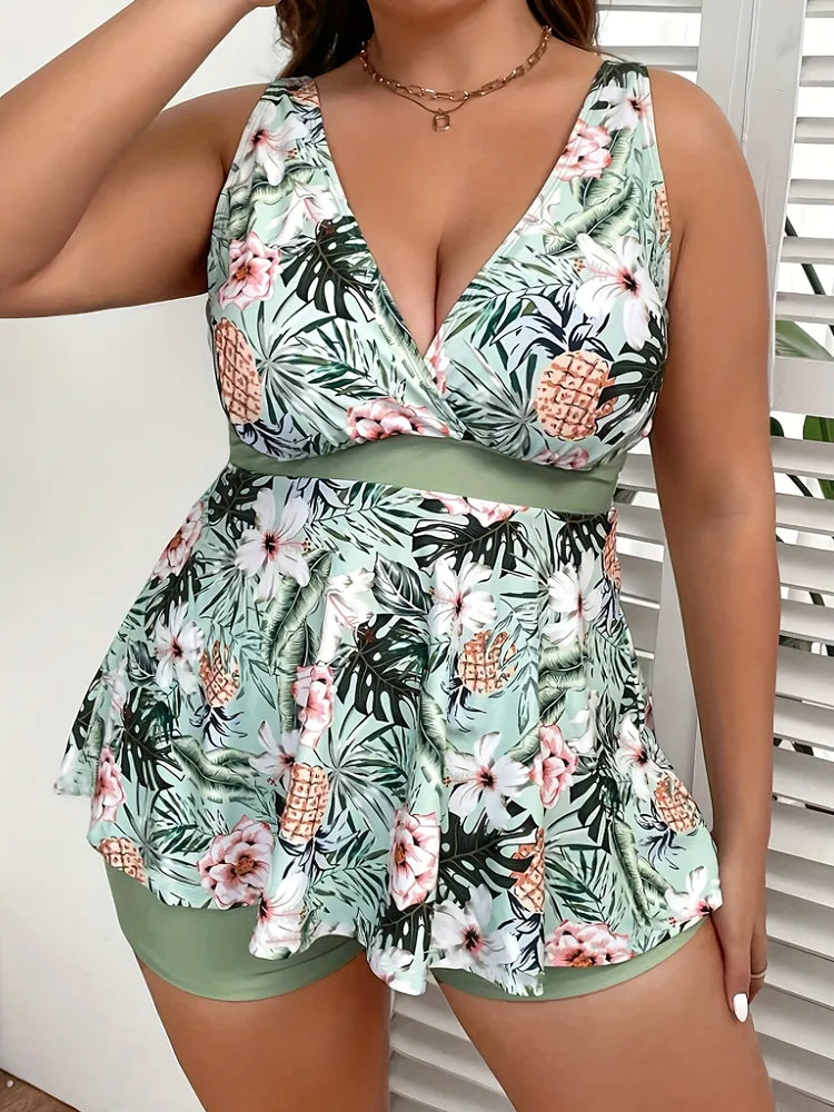 Large Size Women's Swimsuit, Green, Fresh And Fashionable Split Type Tankini Swimsuit