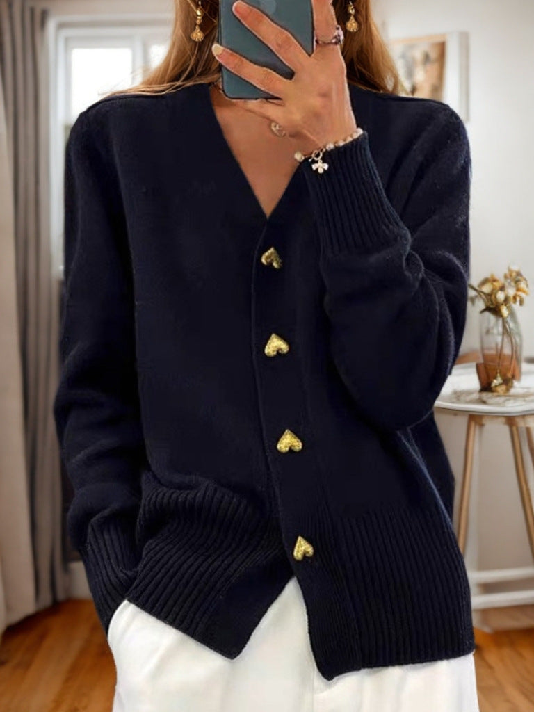 V-neck Knitted Sweater With Love Button Fashion Solid Long-sleeved Cardigan Spring And Autumn Women's Clothing