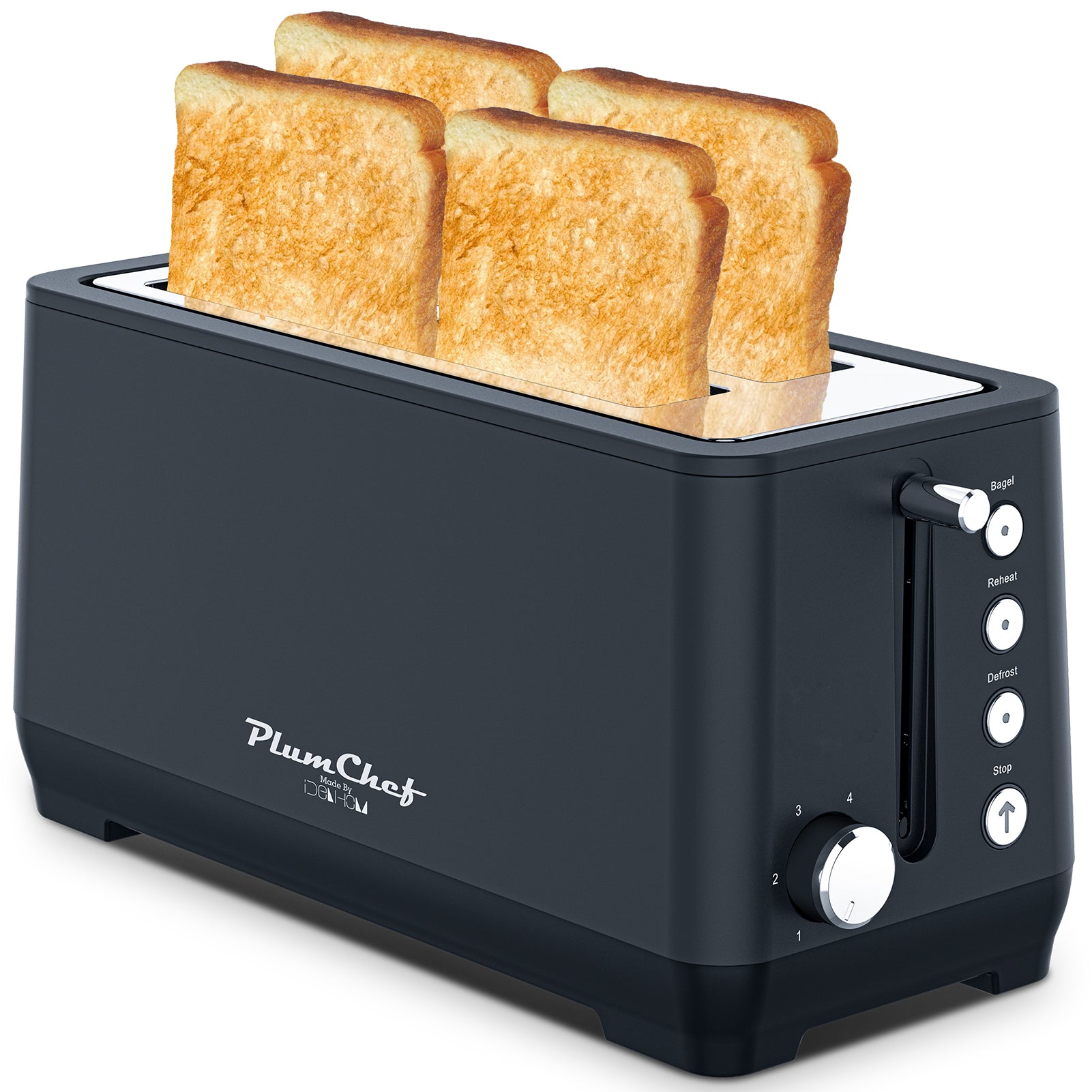 4-Slice Toaster, Extra Wide Long Slot, 6 Settings, Bagel, Defrost, Reheat, Removable Crumb Tray, Stainless Steel Housing, Matte Black