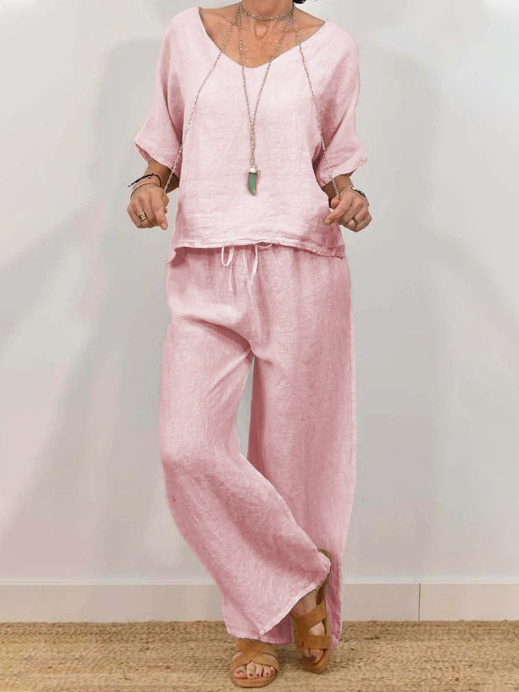 Womens Multi-Color Two-Piece Set Casual V-Neck Pullover With Three-Quarter Sleeves And Extended Pants