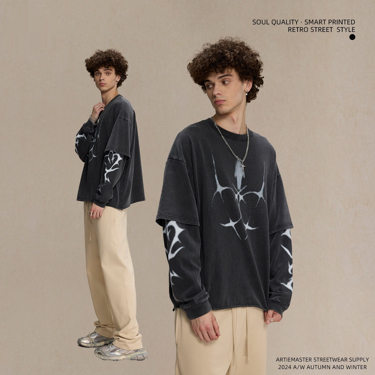 Printed Crew-neck American-style Trendy Brand Vintage Washed Faux Two-piece Loose-fit Men's Long T-shirt