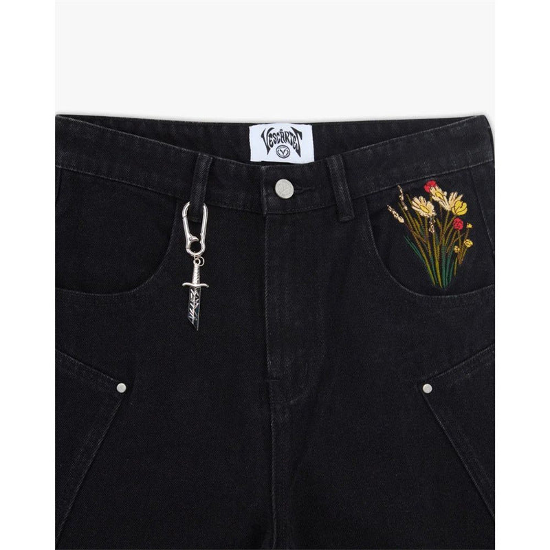 Black Jeans With Embroidered Silver Knight Armor