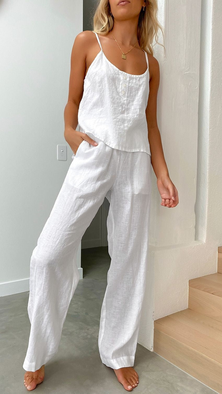 Women's New Solid Color Fashion Elastic Pants Sling Home Set