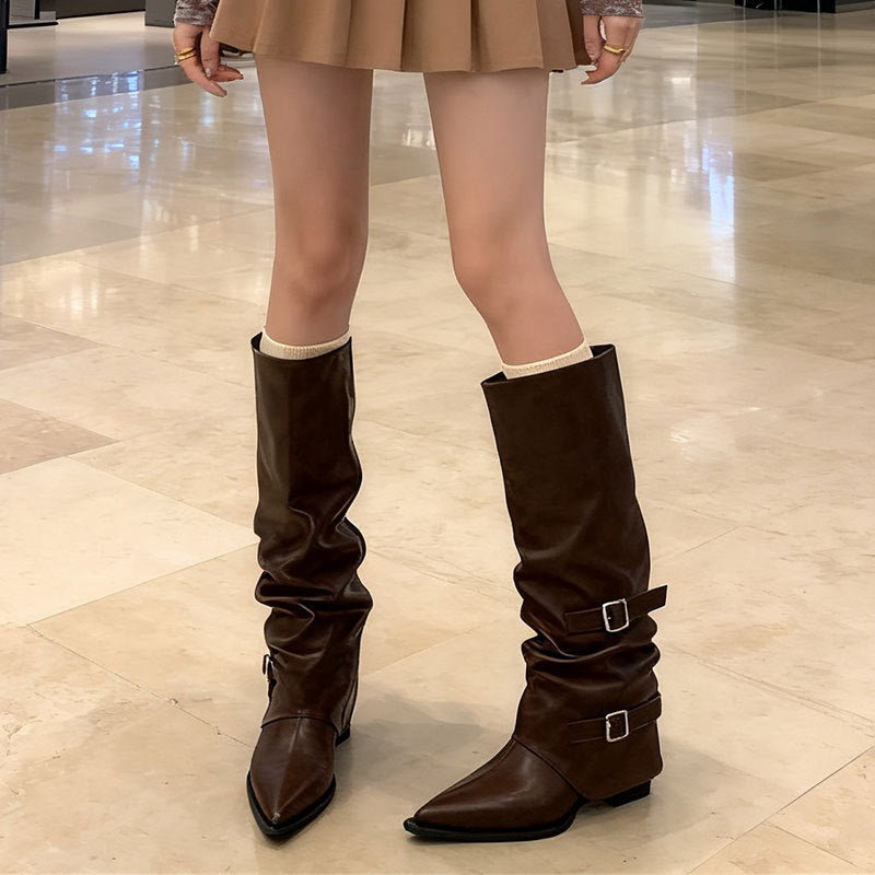 Women's Niche-design Leather-buckle High-rise Riding Boots