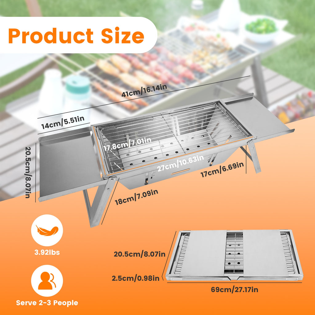 1 Set 3 In 1 Foldable Charcoal Grill Fire Pit Slow Cooker 2-3 People Portable Camping Grill Stainless Steel BBQ Grill For Camping Tailgating Yard