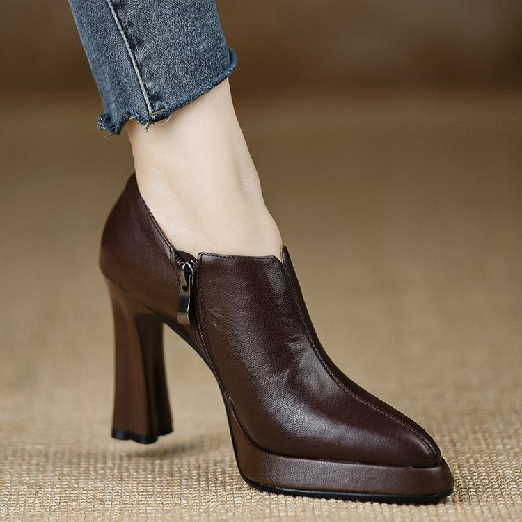 New Style Chunky-heeled Vintage Deep-toe Pumps With Zippers