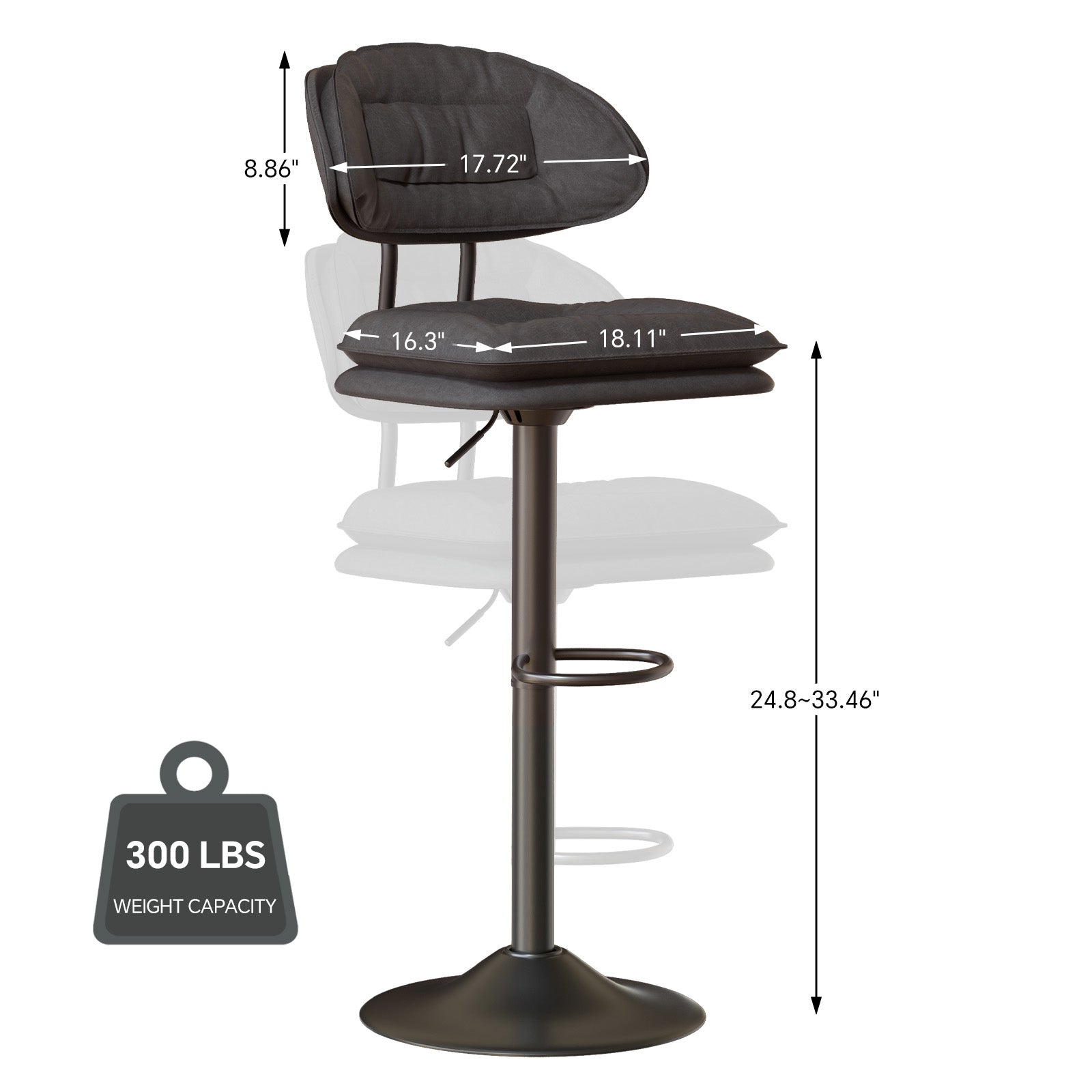 Modern Bar Stools Set Of 2, Double-Layer Adjustable Bar Stools With Back, Ergonomic Upholstered Fabric Swivel Barstools For Kitchen Island