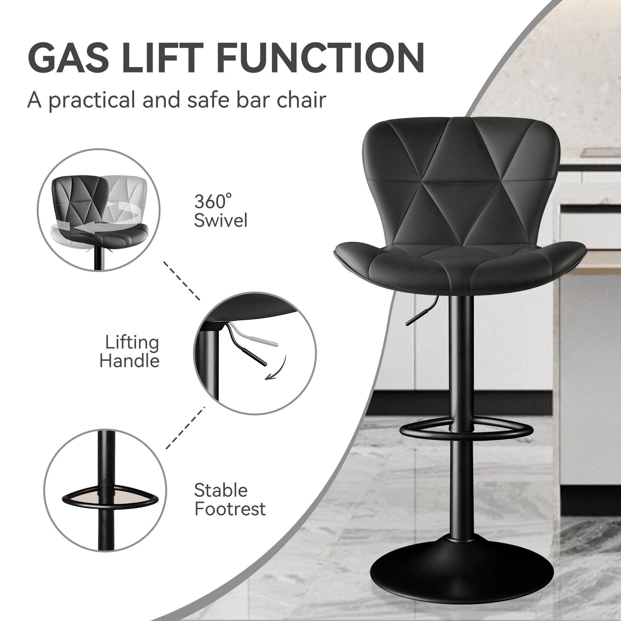Modern Bar Stools Set Of 2, Adjustable Faux Leather Upholstered Swivel Bar Stools, Counter Height Bar Chairs With Back For Kitchen Island