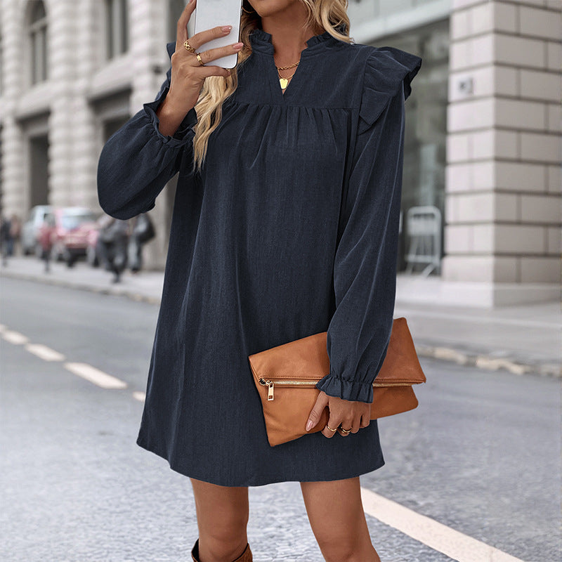 Pure Color Ruffles Long Sleeve Loose Lapel Dress Women