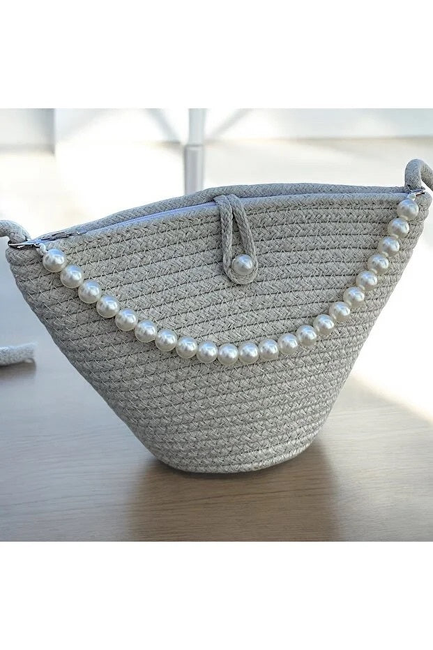 Women Beige Pearl Design Classic Shoulder Bag Elegant Daily Handbag