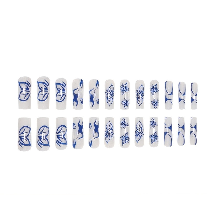 24 PCS Blue Butterfly Art, Long Length Long Water Pipe Fake Nails,Square Head Nail Tips False Nail