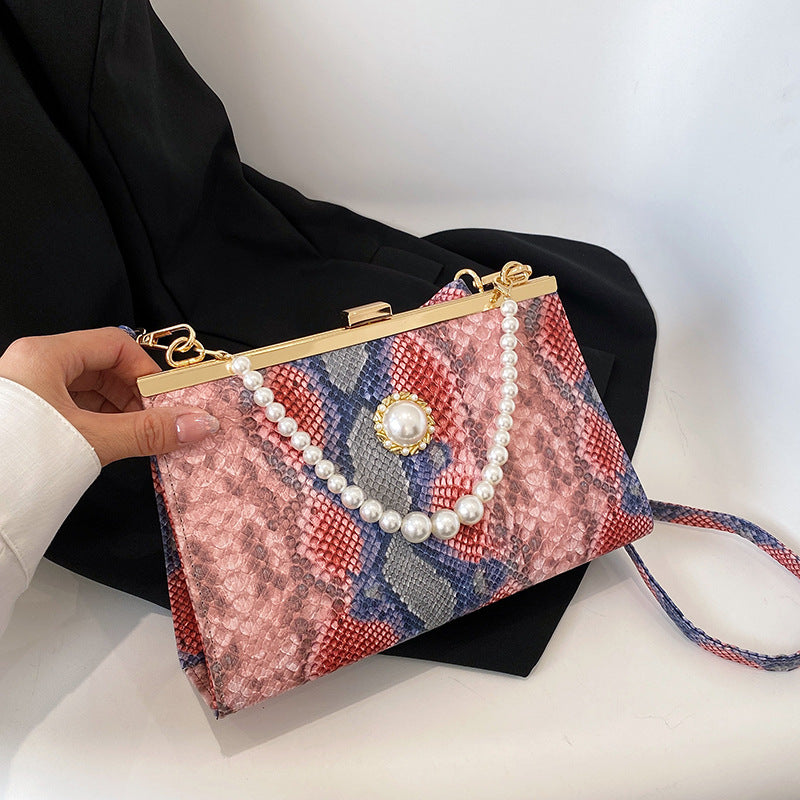 New Vintage Snake-pattern Pearl-chain Evening Bag