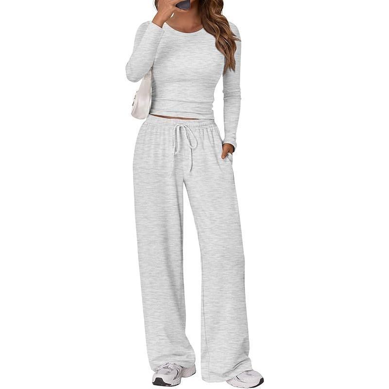 Long Sleeve Crop Top Wide Leg Pants Set, Women's Stretchy 2 Piece Yoga Outfit, Casual Active Lounge Wear