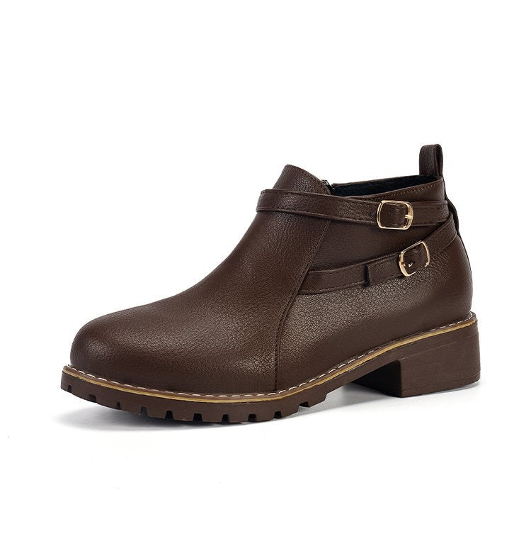 Low-heeled Leather Belt-buckle Plus-size Round-toe Ankle Boots
