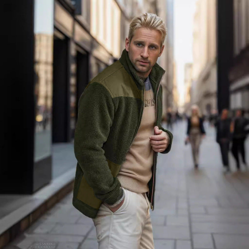 Men's Fleece Patchwork Color-Block Stand-Up Collar Fashion Jacket