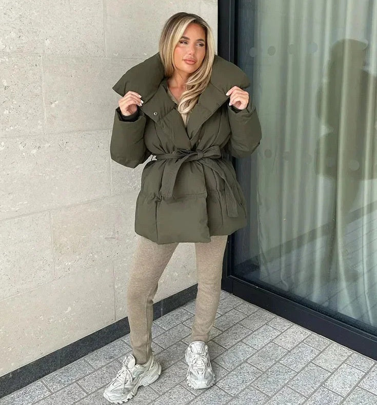 Winter Thickened Jacket Fashion Lapel Cotton Coat With Belt Warm Casual Top Outwear Women's Clothing