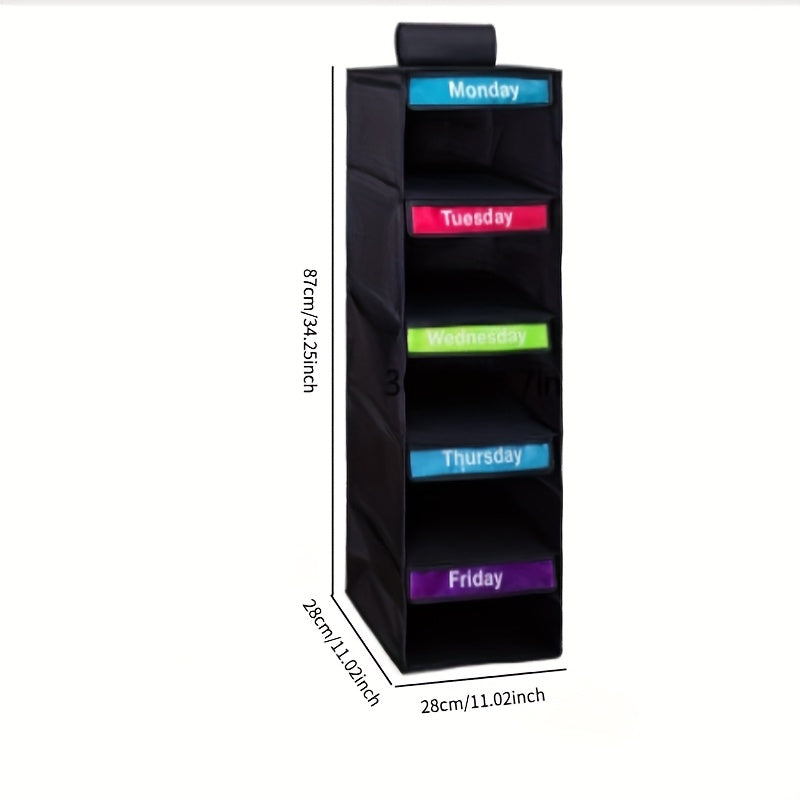 1pc 5-Tier Youngsters Clothing Organizer - Weekly Color-Coded Hanging Storage Bags With Durable Nylon Wall-Mounted Shelves For Bedroom, School Dorm, Closet - Organize Clothes, Pants, Underwear, Socks