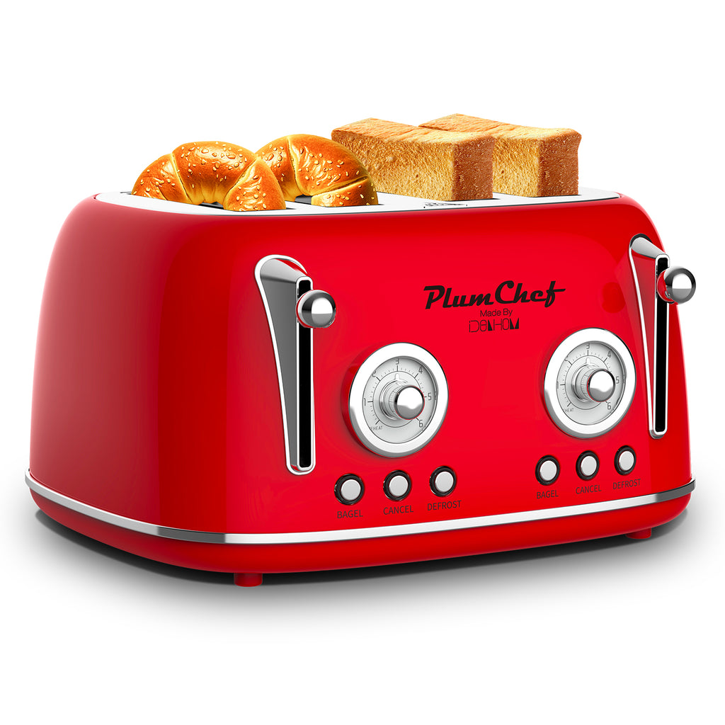4 Slice Retro Toaster, Dual Control Toaster, 6 Settings, Bagel, Defrost, Removable Crumb Tray, Stainless Steel Housing, 1650W, Red