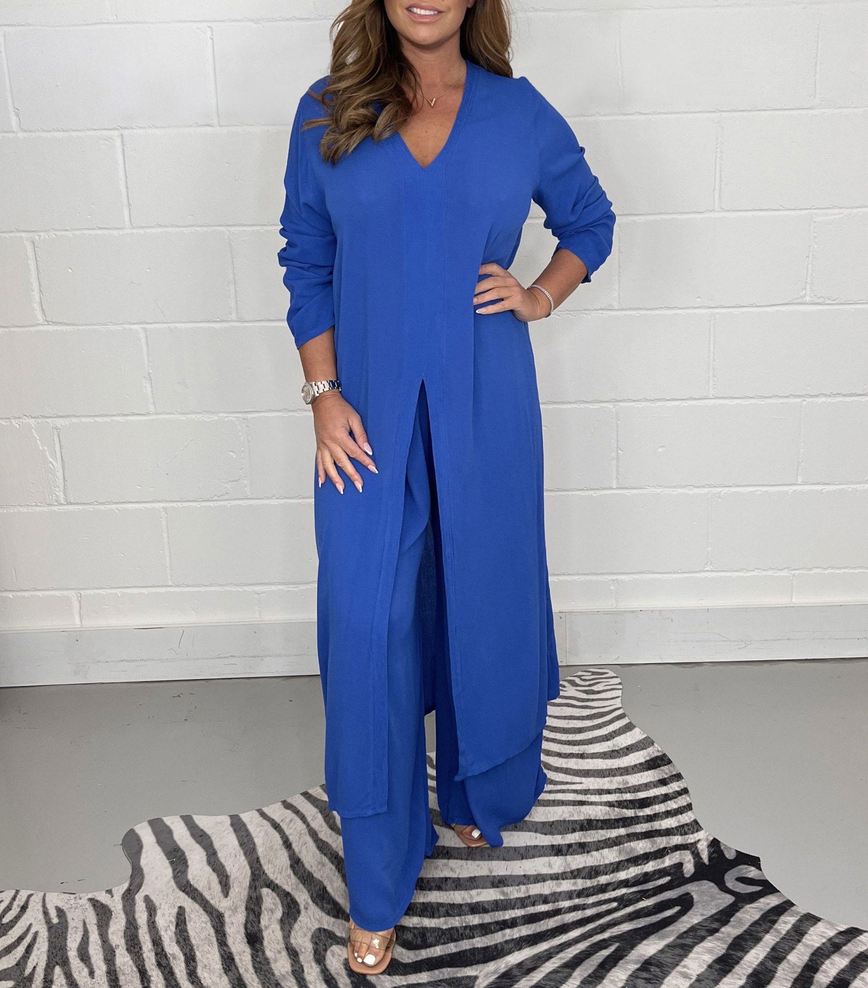 Women's Fashion Simple Solid Color Long Top Long Pants Set