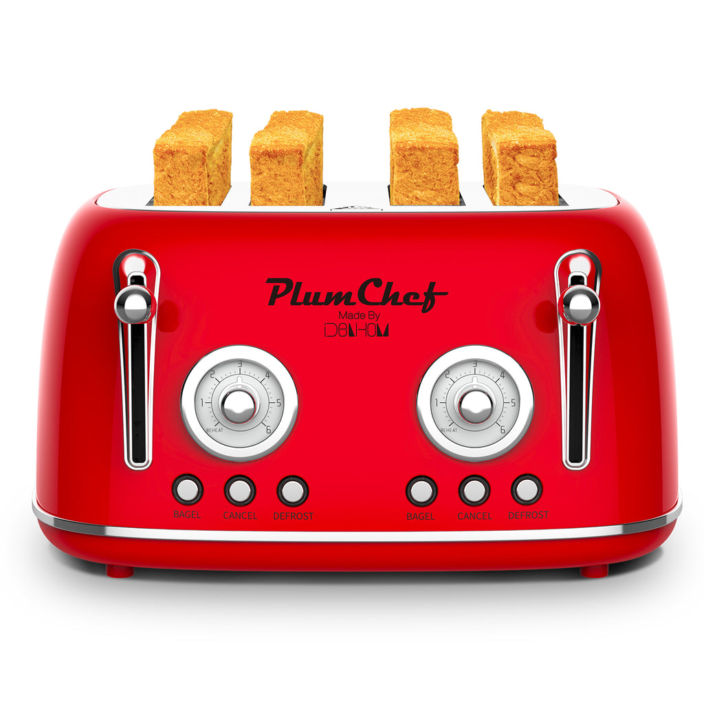 4 Slice Retro Toaster, Dual Control Toaster, 6 Settings, Bagel, Defrost, Removable Crumb Tray, Stainless Steel Housing, 1650W, Red