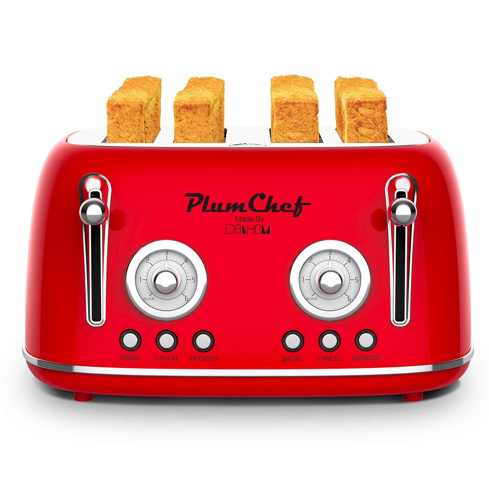 4 Slice Retro Toaster, Dual Control Toaster, 6 Settings, Bagel, Defrost, Removable Crumb Tray, Stainless Steel Housing, 1650W, Red
