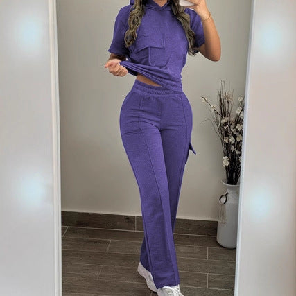 Casual Solid-Color Hoodie And Straight-Leg Pants Two-Piece Set