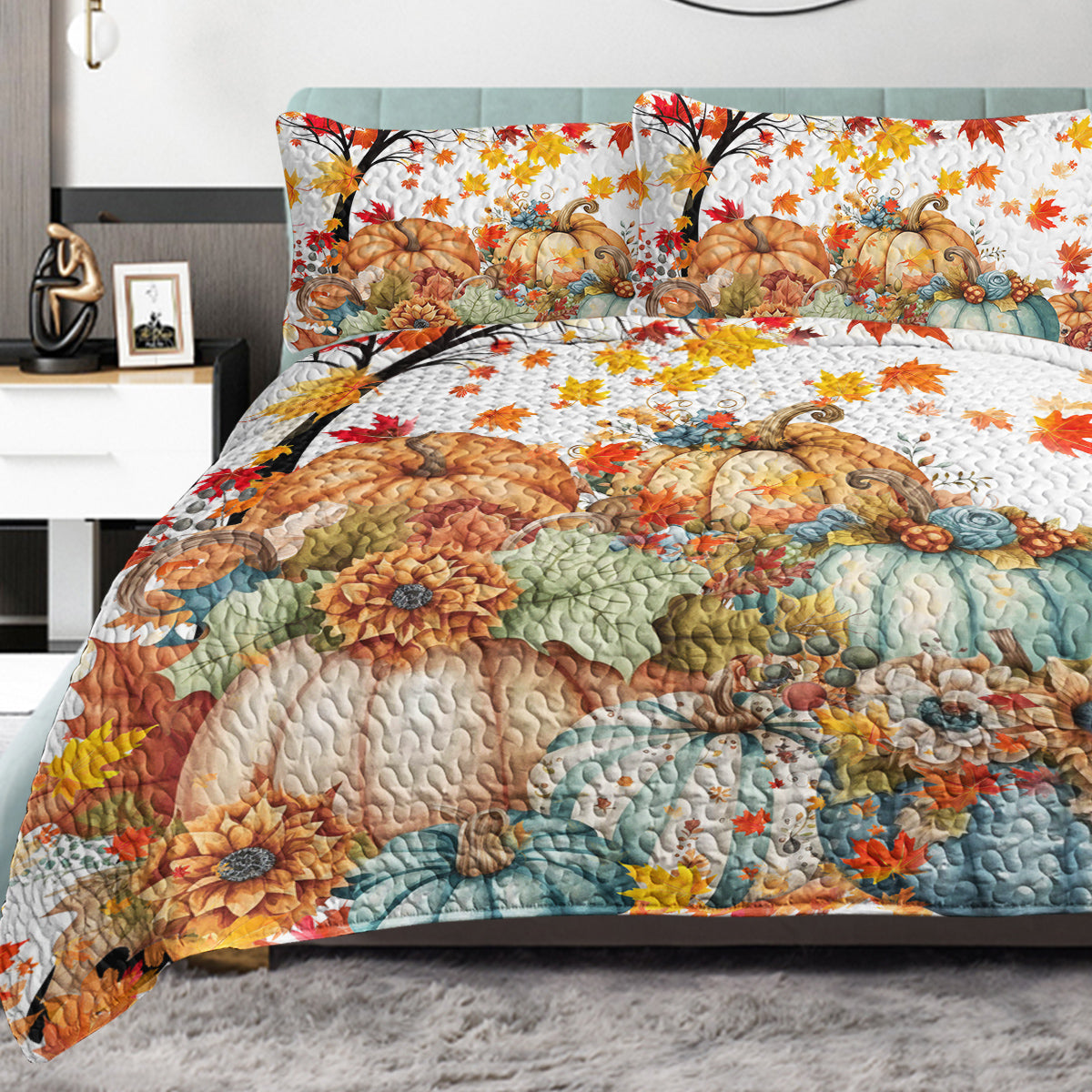 3 Pieces Colorful Oil Painting Pumpkin Pattern Quilt Set Twin Full Queen King Size For All Seasons Flower Fall Leaves Bedding Set With 2 Pillowcases For Kids Adults Thanksgiving Day Gifts