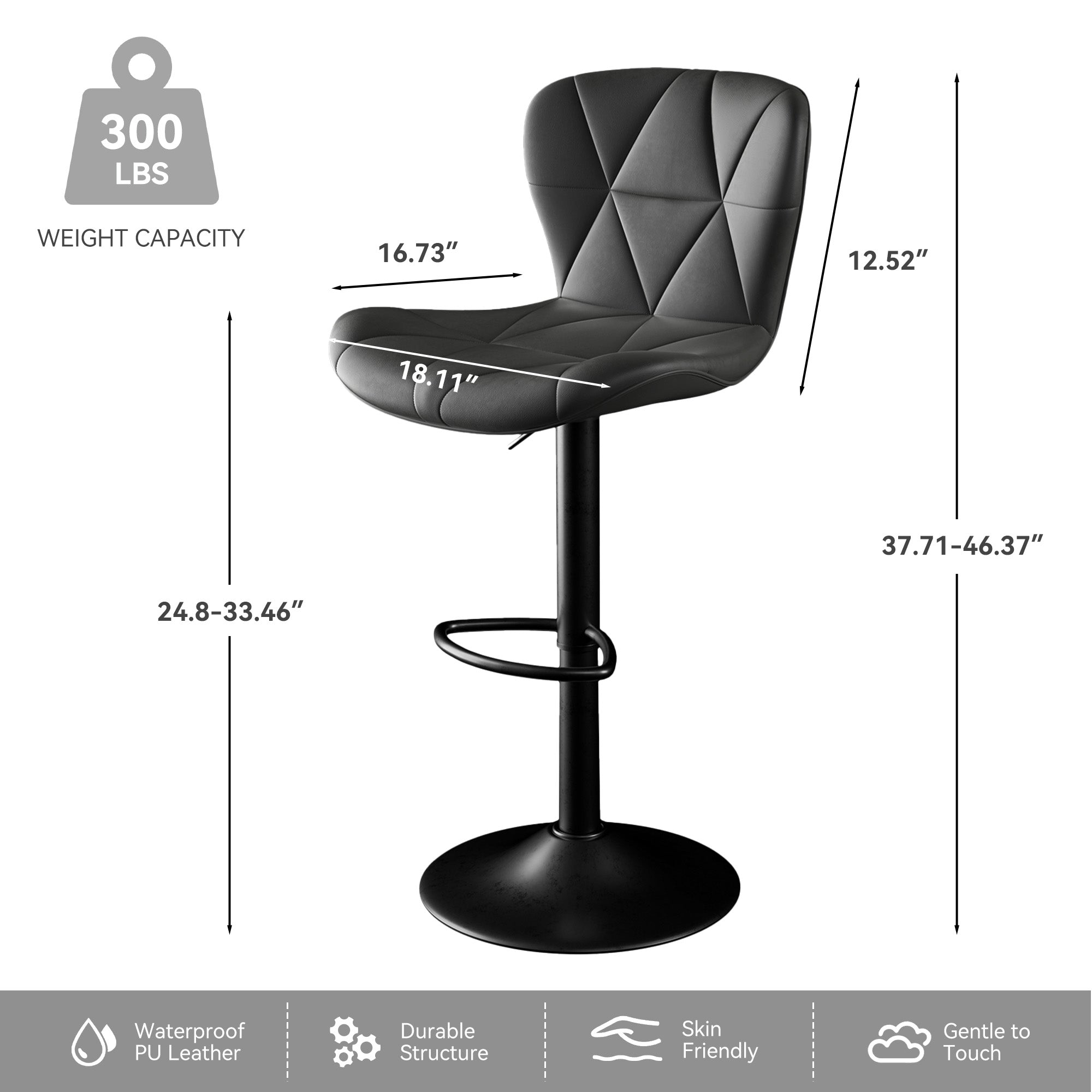 Modern Bar Stools Set Of 2, Adjustable Faux Leather Upholstered Swivel Bar Stools, Counter Height Bar Chairs With Back For Kitchen Island