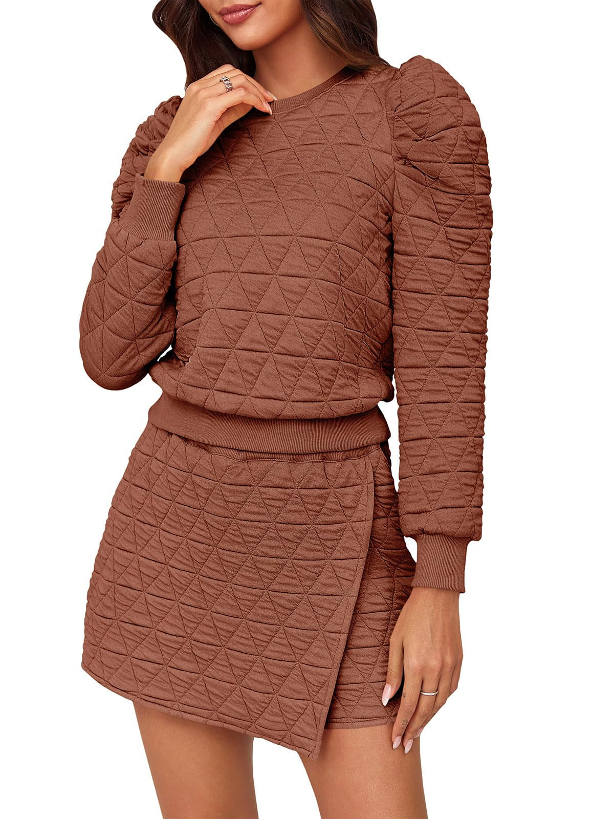 Fisoew Women's 2 Piece Lounge Wear Set Long Sleeve Argyle Sweatshirts And Wrap Skorts Casual Sets