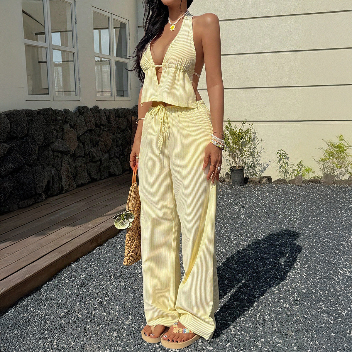 Vacation-style Tank Top And Casual Long Pants Set