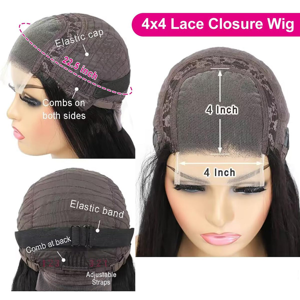 4x4 Lace Closure Human Hair Wig, Straight Wig Natural Color, 150 Percent Density