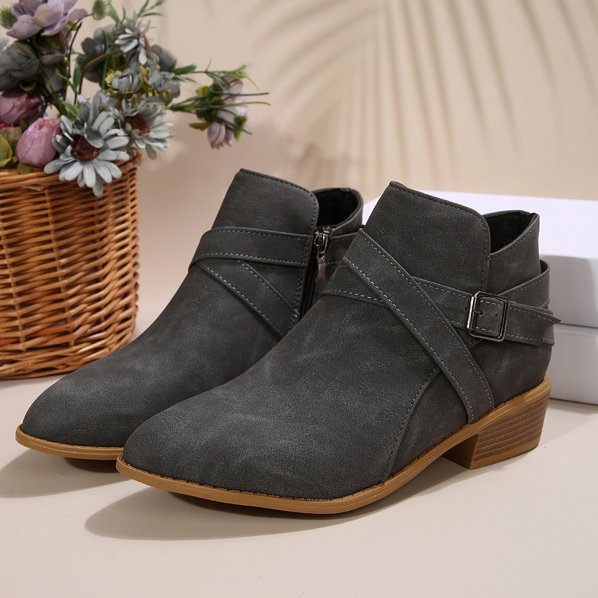 Fashionable Chunky-Heel Leather Belt-Clasp Side-Zip Ankle Boots