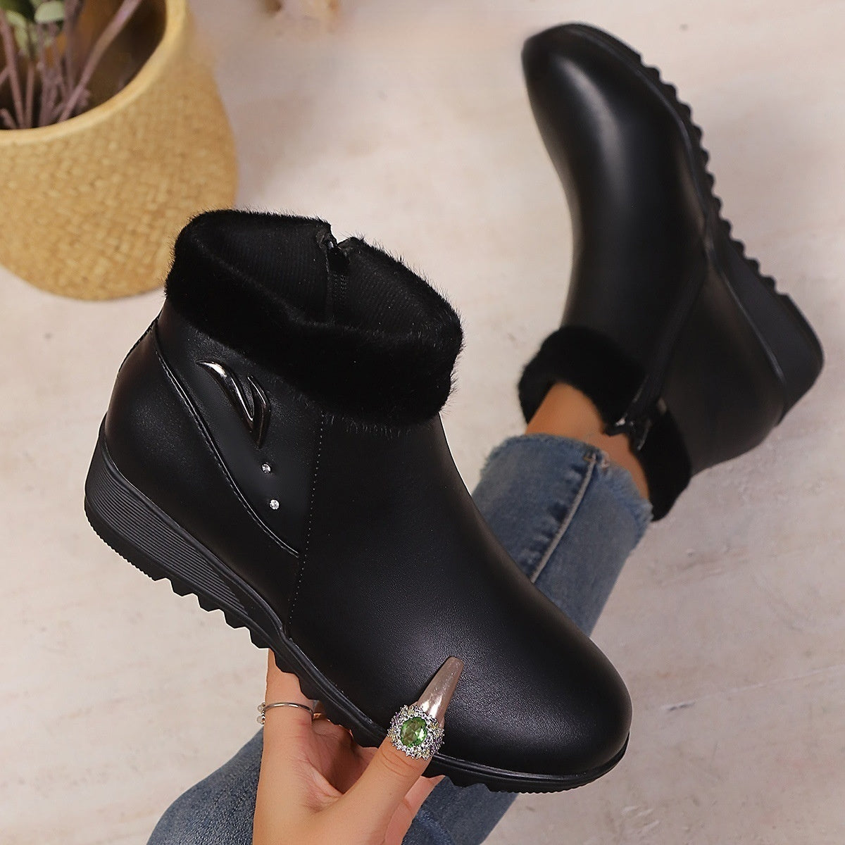 Women's Low Heel Round Toe Plus Fleece Side Zipper Boots