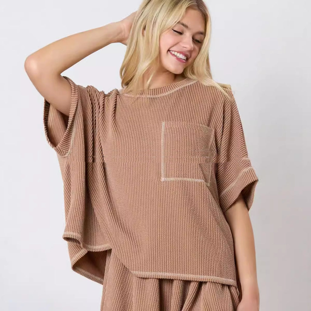 Short Sleeve Two-piece Thread Knitted Round Neck Homewear