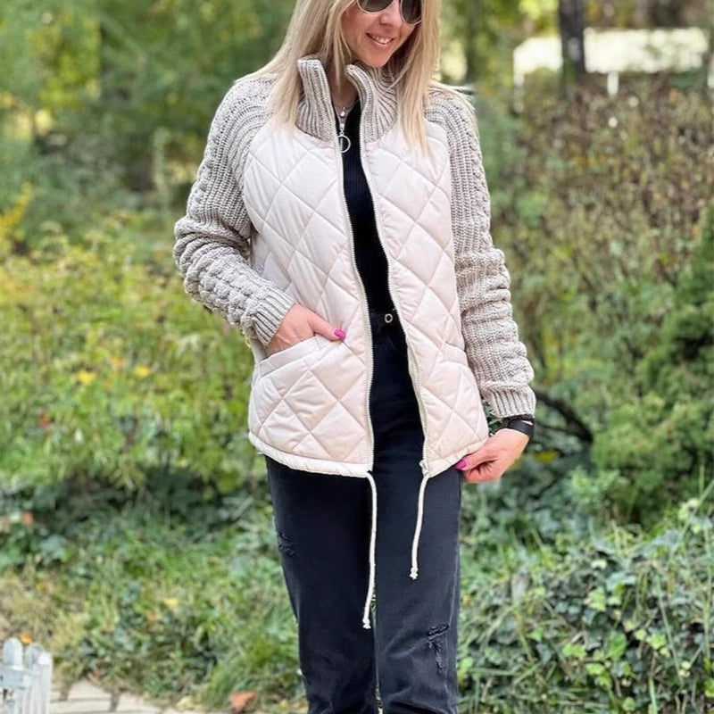 Winter Stand Collar Cotton Jacket With Pockets Fashion Knitted Stitching Zipper Coat Warm Tops For Women Clothing