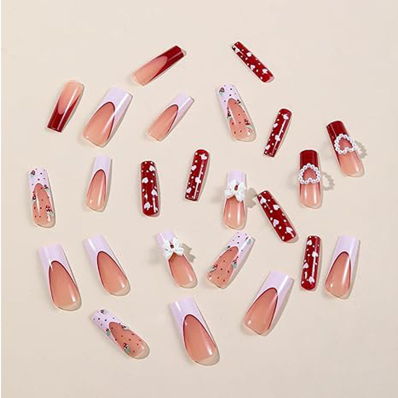 24 PCS Strawberry Bow Nail Art, Long Length Long Water Pipe Fake Nails,Square Head Nail Tips False Nail